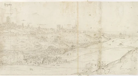Panoramatický pohled na Segovii z východu (pero a hnědý inkoust s modrým nádechem na černé křídě)